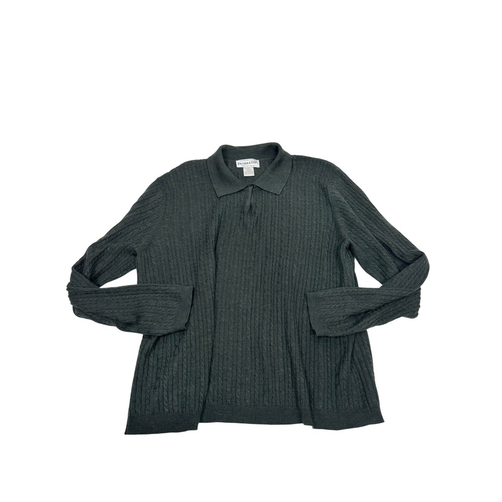 Pendleton Women XL Green 100% Merino Wool Cable Knit Polo Sweater Long Sleeve